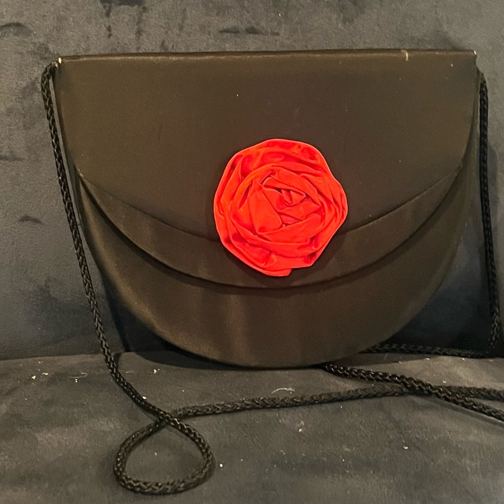 Elegant Black Clutch with Red Floral Accent